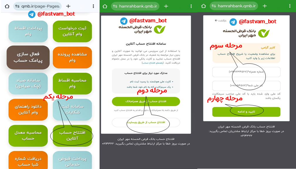 مراحل افتتاح حساب غیرحضوری در وب‌سایت بانک مهر ایران شامل ورود به سایت qmb.ir، تکمیل اطلاعات، ثبت مشخصات، واریز مبلغ و تأیید نهایی